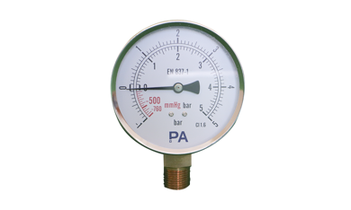 Đồng hồ đo áp suất dải đo -1 tới 5 bar, mặt 100mm vỏ thép chân đồng PA Đức
