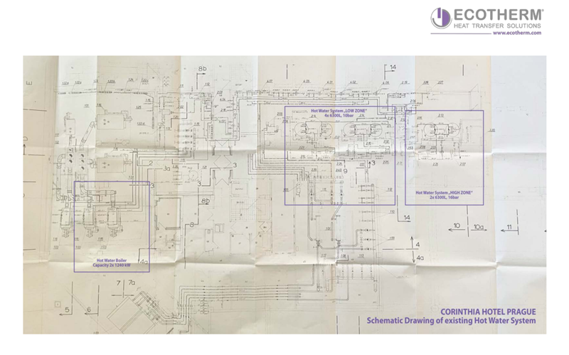 Bản vẽ kỹ thuật của hệ nước nóng cũ tại Corinthia Prague Hotel