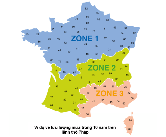 Ví dụ về lưu lượng mưa trong 10 năm trên lãnh thổ Pháp