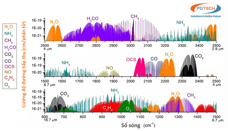 Biểu đồ minh hoạ phổ hấp thụ của các phân tử khí khác nhau