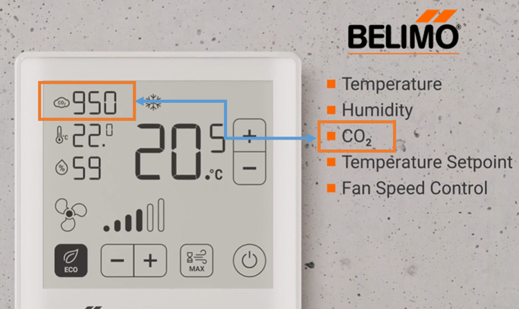 Cảm biến khí CO2 của Belimo Thuỵ Sỹ có tuỳ chọn màn hình LCD để hiển thị nồng độ CO2, nhiệt độ và độ ẩm tương đối