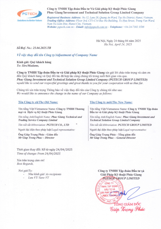 CV thay đổi tên CTY PGTECH GROUP LIMITED