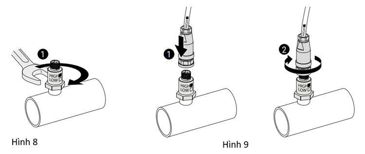 Hình 8 & 9. Lắp đặt dây cáp cảm biến áp suất