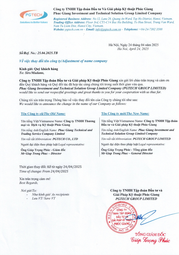Thông báo thay đổi tên công ty từ ngày 24/04/2025