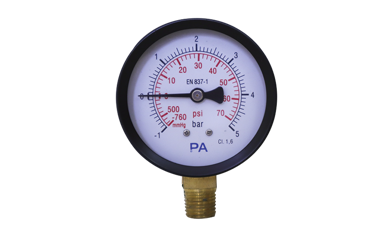 Đồng hồ đo áp suất -1 tới 5 bar, mặt 63mm, vỏ thép chân đồng PA Đức