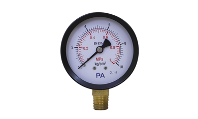 Đồng hồ đo áp suất dải đo 0-10 bar, mặt 63mm vỏ thép chân đồng PA Đức