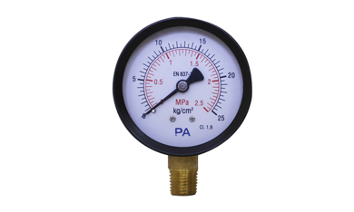 Đồng hồ đo áp suất dải đo 0-25 bar, mặt 63mm vỏ thép chân đồng PA Đức