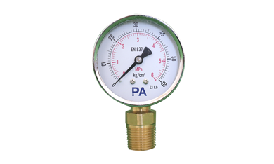 Đồng hồ đo áp suất dải đo 0-60 bar, mặt 63mm vỏ thép chân đồng PA Đức